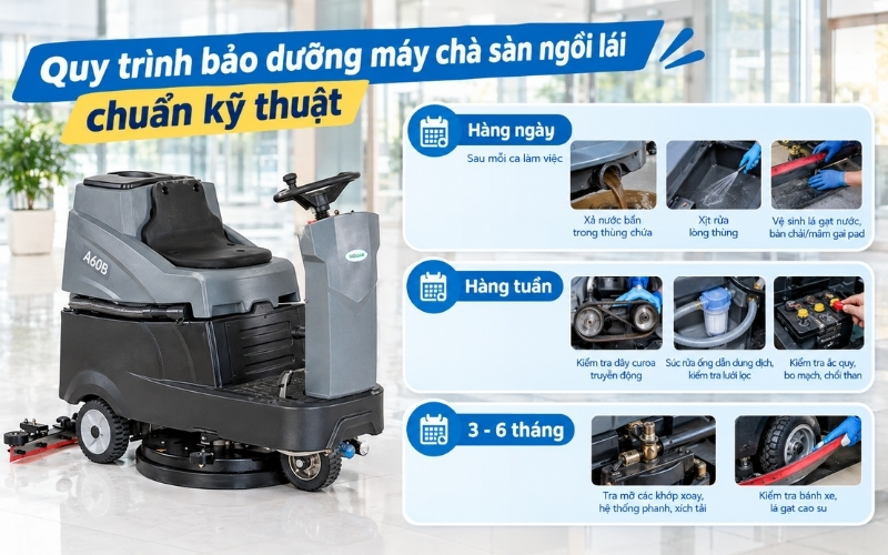 Quy trình bảo dưỡng máy chà sàn ngồi lái chuẩn kỹ thuật 